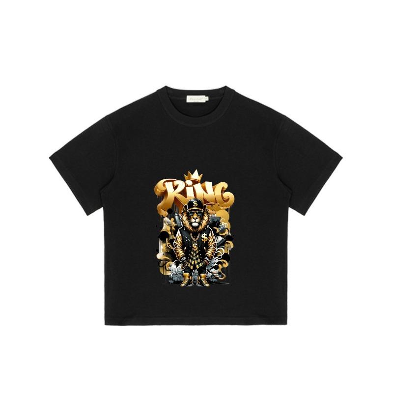 Black T Shirt with King Lion and Gold Crown Print for Casual Wear