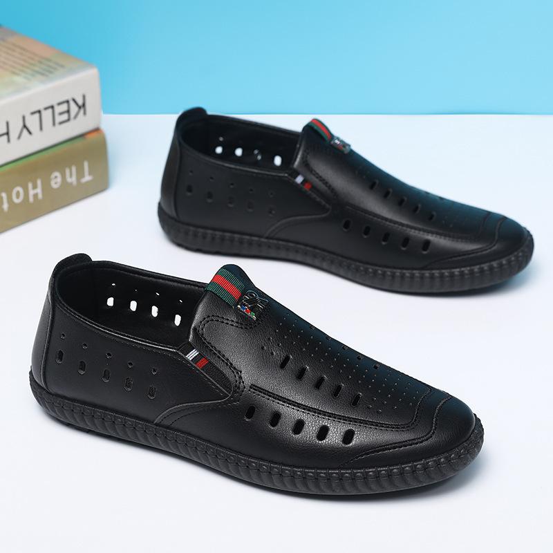 

Кожаные туфли мужские летние 2024 года новые мужские сандалии с мягкой подошвой полые дышащие классные кожаные туфли повседневная обувь папины туфли 39 чёрный