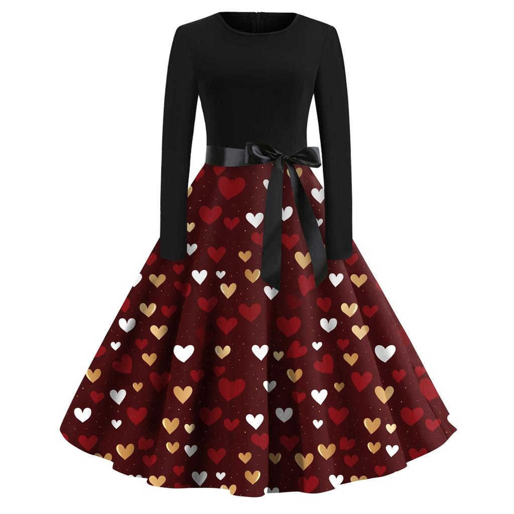 Women's Printed Round Neck Big Hem  Skirt Pleated Skirt Long Sleeved Dress Dress