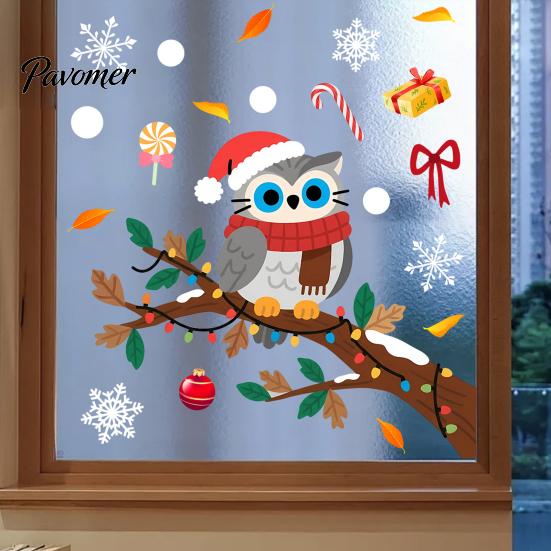 Winter Snowflakes Candy Decor Cute Christmas Owl Window Sticker, Snowy Branch Glass Decal, Waterproof Self Adhesive Seasonal Wall Art Xmas for Holiday