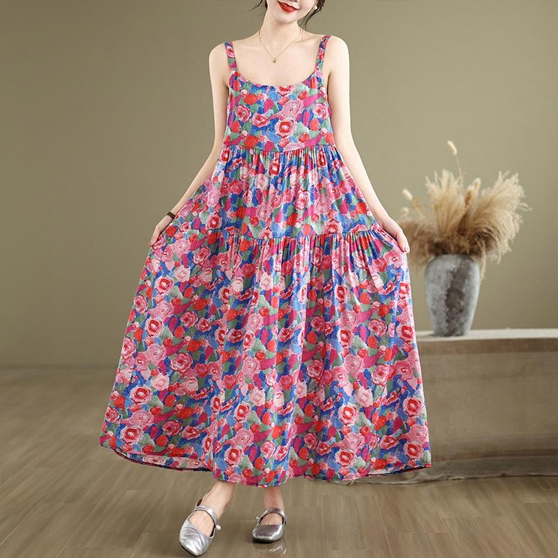 Bez rukávů na ramínka Nadměrná velikost bavlna vintage květinový novinka šaty pro ženy ležérní volné dlouhé letní šaty