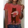 Women Cat Print Design Harajuku Casual Short Sleeved Top Fashionable Trend
