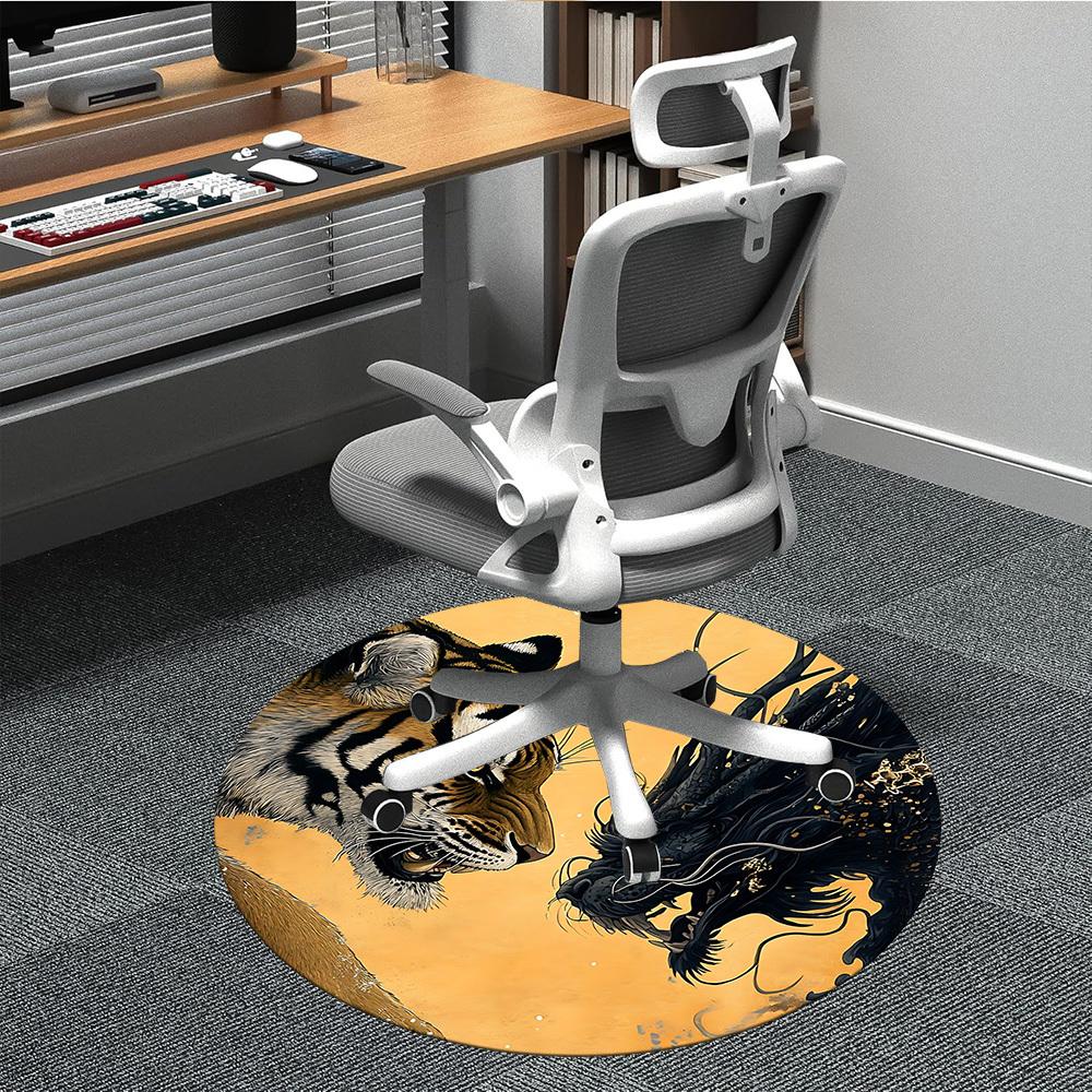 1pc Tiger Dragon Art Print Carpet, Round Non Slip Durable Large Size Office Carpet, Suitable for Office