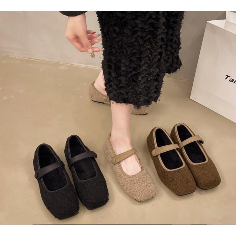 Autumn Winter French RetroTeddy Fur Mary Jane Women's Fur Flat Shoes Outerwear Simple and Fashionable Square Head Soft Loafers