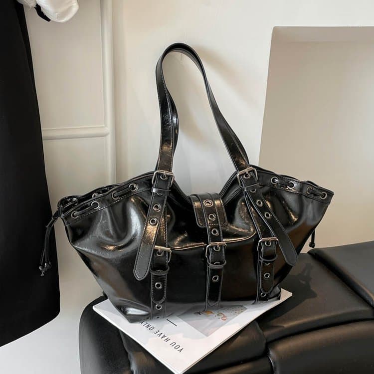 Rivet Metal Buckle Drawstring Tote Bag Women's Shoulder Bag