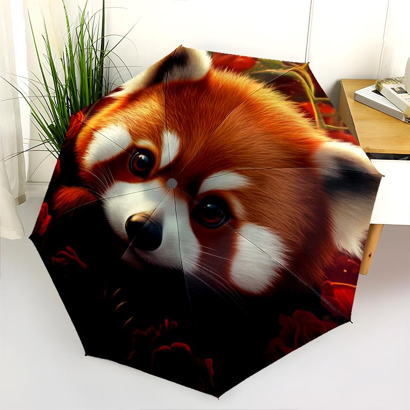 Red Panda and Rose pattern, automatic folding umbrella, portable and foldable design, 8 ribs, a Christmas or birthday gift.