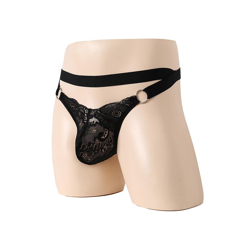 Sissy Pouch G-String Men'S Lingerie Lace See Through Jockstrap Thong Gay Hollow Back Underwear Low Waist Crossdressing Panties