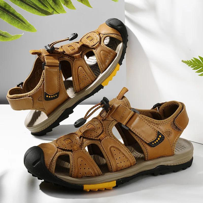 Summer Hiking Shoes Outdoor Sandals for Men Breathable Water Beach Sandals Camping Climbing Aqua Genuine Leather Beach Roman