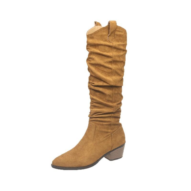 2025 New Knee Knight Boots Pointed Thick Heel Thin Boots British Style Two Wear Matte Leather Pile Boots Women