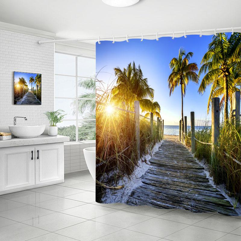 Shower Curtain Bathroom Fabric Non-Punching Beach Natural Scenery Digital Printing Shower Curtain With 12 Hooks