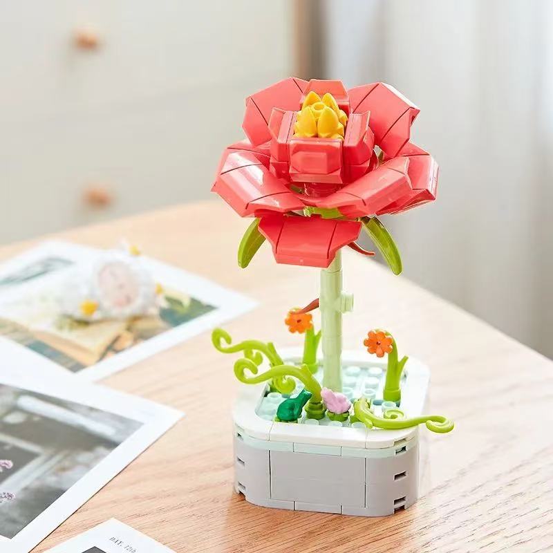 Non-Toxic Bouquet Building Block Set Plant Potted Bricks Toys Sunflower Rose Tulip Simulation Flower Desktop Ornament Children Romantic Gifts