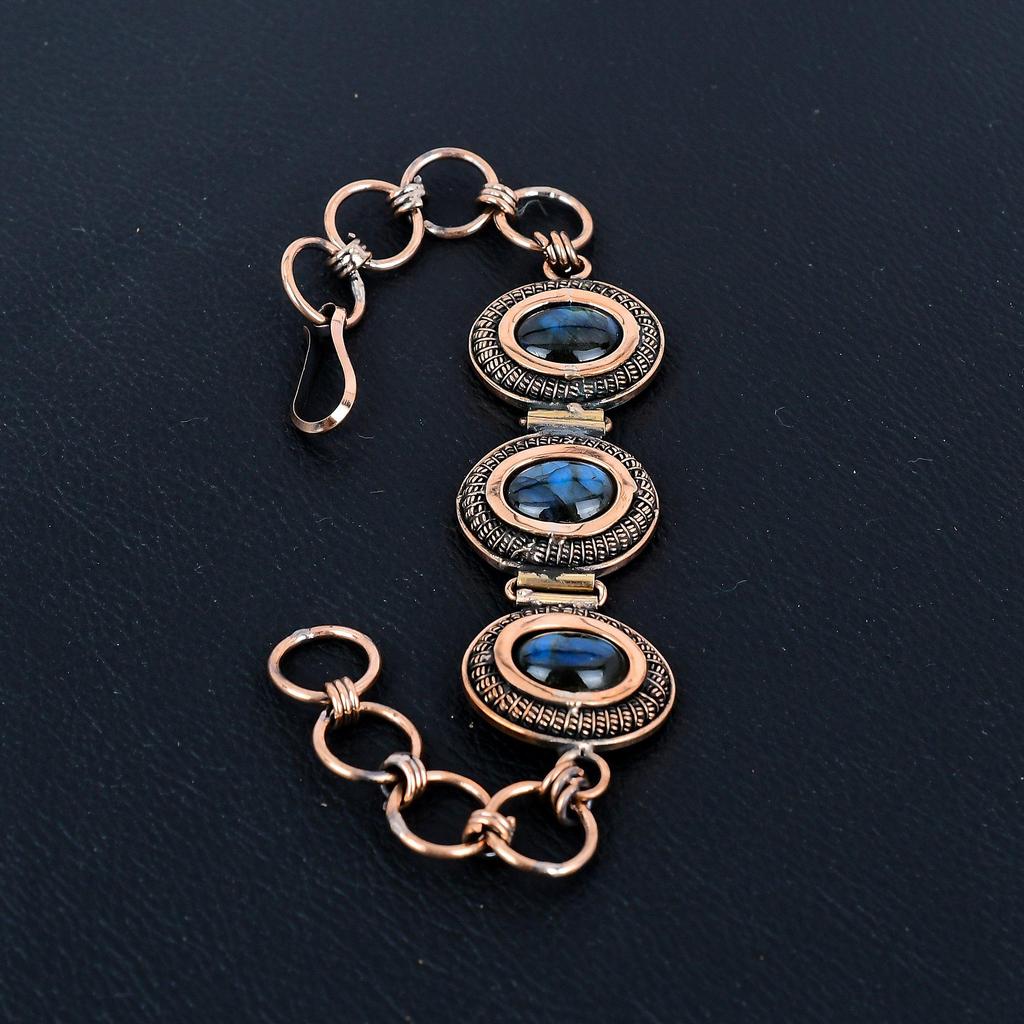 Labradorite Bracelet, 999 Copper Wire Wrapped Jewelry, Gemstone Bracelet Whit Adjustable Chain Gift For Her, Handmade Dainty Jewelry