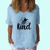 Women Fashion Short Sleeve Top Summer Casual V Collar Tee Shirt Ladies Print Cotton Linen T-shirt