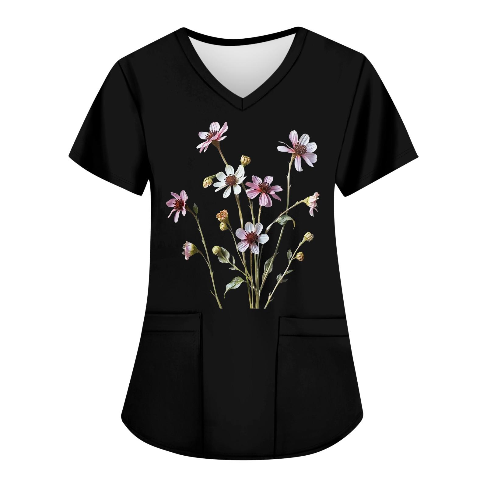 

Женские модные топы с короткими рукавами и V-образным вырезом с принтом, рабочие футболки с карманами XXXXL чёрный