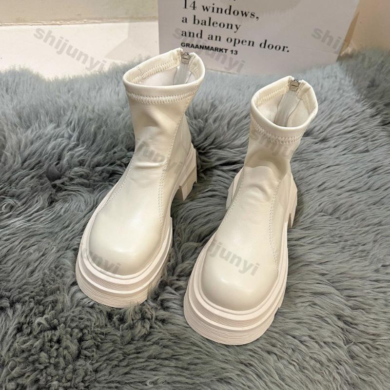 Fashion Women's Fashion Platform Ankle Boots Pu Leather Thick Bottom Combat Boots Woman Square Toe Slip On Chunky Short Booties Mujer