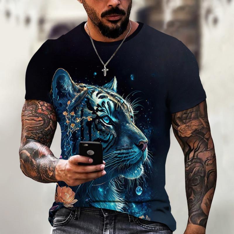 Vintage Animal T-Shirt Mens T Shirt 3d Fierce Leopard Print Tee Summer Short Sleeve Holiday T Shirt Loose Clothing Male Pullover