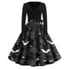 Women's Casual Vintage V Neck Dress with Halloween Print Long Sleeve Fit and Flare Knee Length Dress with Waist Tie Belt