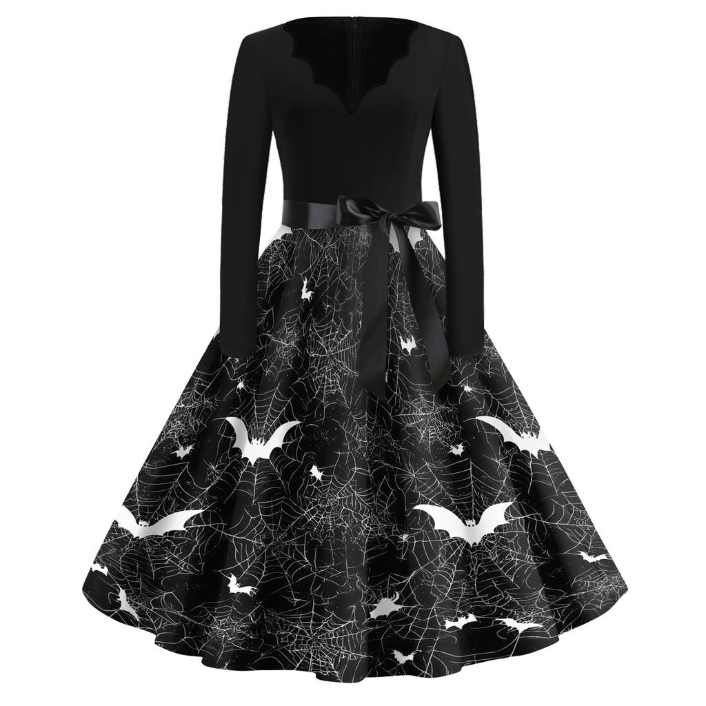 Women's Casual Vintage V Neck Dress with Halloween Print Long Sleeve Fit and Flare Knee Length Dress with Waist Tie Belt