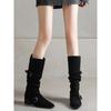 Giant Versatile Retro Matte Leather But Knee Boots Women'S Boots Belt Buckle 4.5Cm Mid-Heel Western Boots