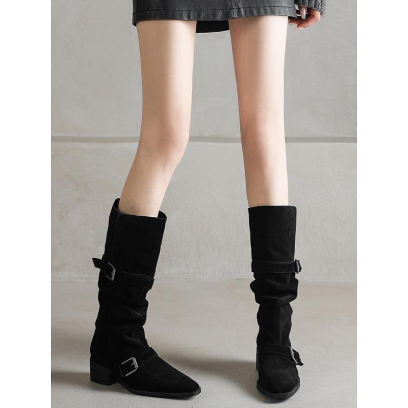 Giant Versatile Retro Matte Leather But Knee Boots Women'S Boots Belt Buckle 4.5Cm Mid-Heel Western Boots