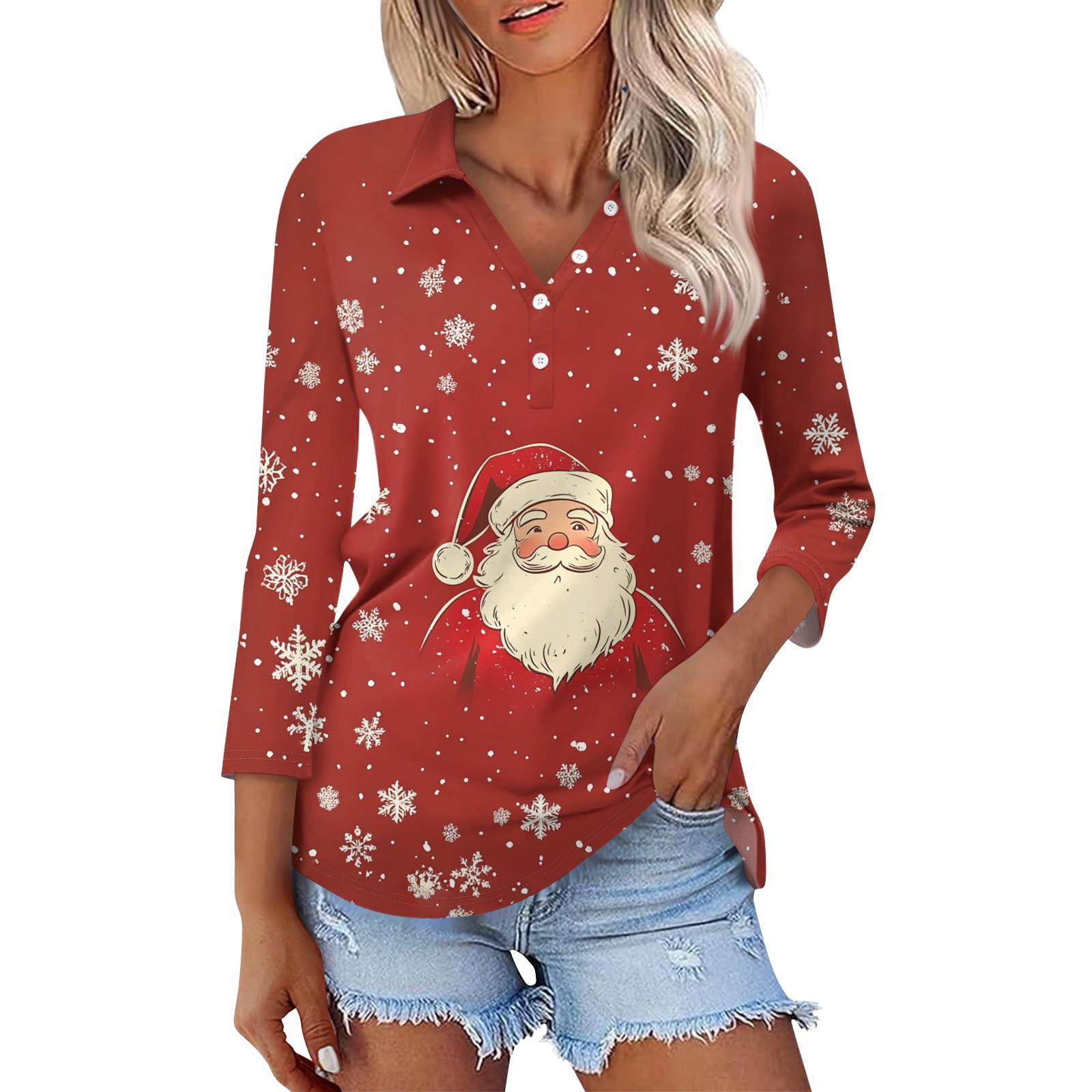 

Женская модная повседневная рубашка с рукавами 3/4 и рождественским принтом на лацканах L