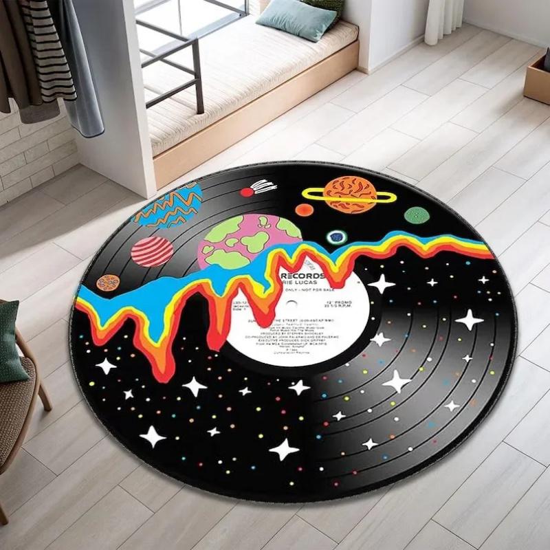 Vinyl Record Round Rug, Music Themed Black White Carpet, Soft Non-Slip Decor Mat for Living Room Bedroom
