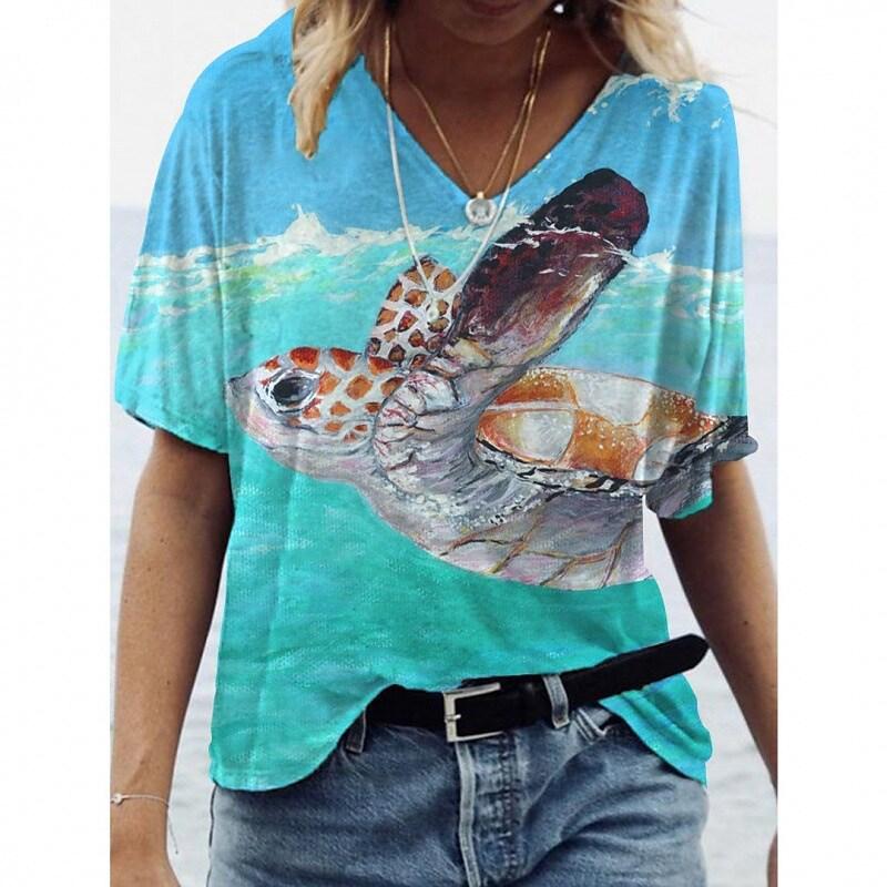 Summer Sea Turtle 3D Print T Shirt Women V-Neck Short Sleeve T-shirts Y2k Tops Harajuku Streetwear Oversized Tee Woman Clothing