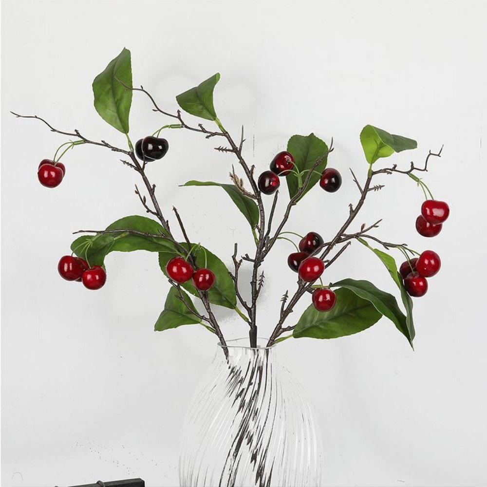 7PCS Cherry Faux Berry Branches Floral Arrangement Red Cherry Decorative Branches  Desktop Ornament