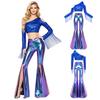 Women Disco Dance Outfit Cold Shoulder Long Sleeve Tassel Sequined Crop Top Metallic Shiny Flared Pants