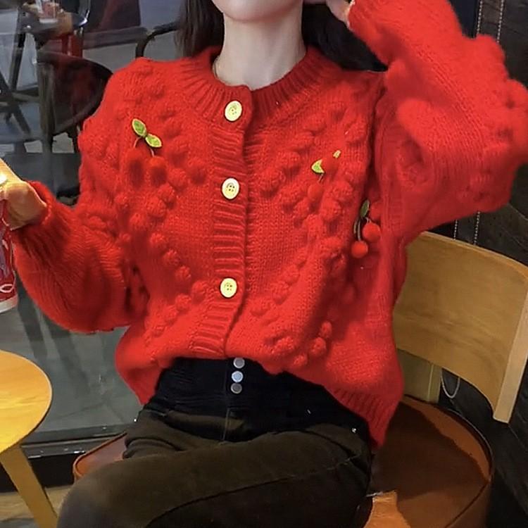 

Girls style cherry sweater jacket women s clothing autumn and winter sweet lazy wind loose long-sleeved knitted cardigan Average size 56-294 червоний