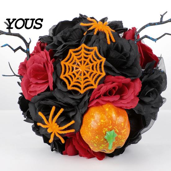 Halloween Flower Bouquet Wedding Bouquets for Bride And Bridesmaid, Gothic Artificial Bouquet, Cobweb Arrangement Black Rose Blooms Fake Centerpiece,