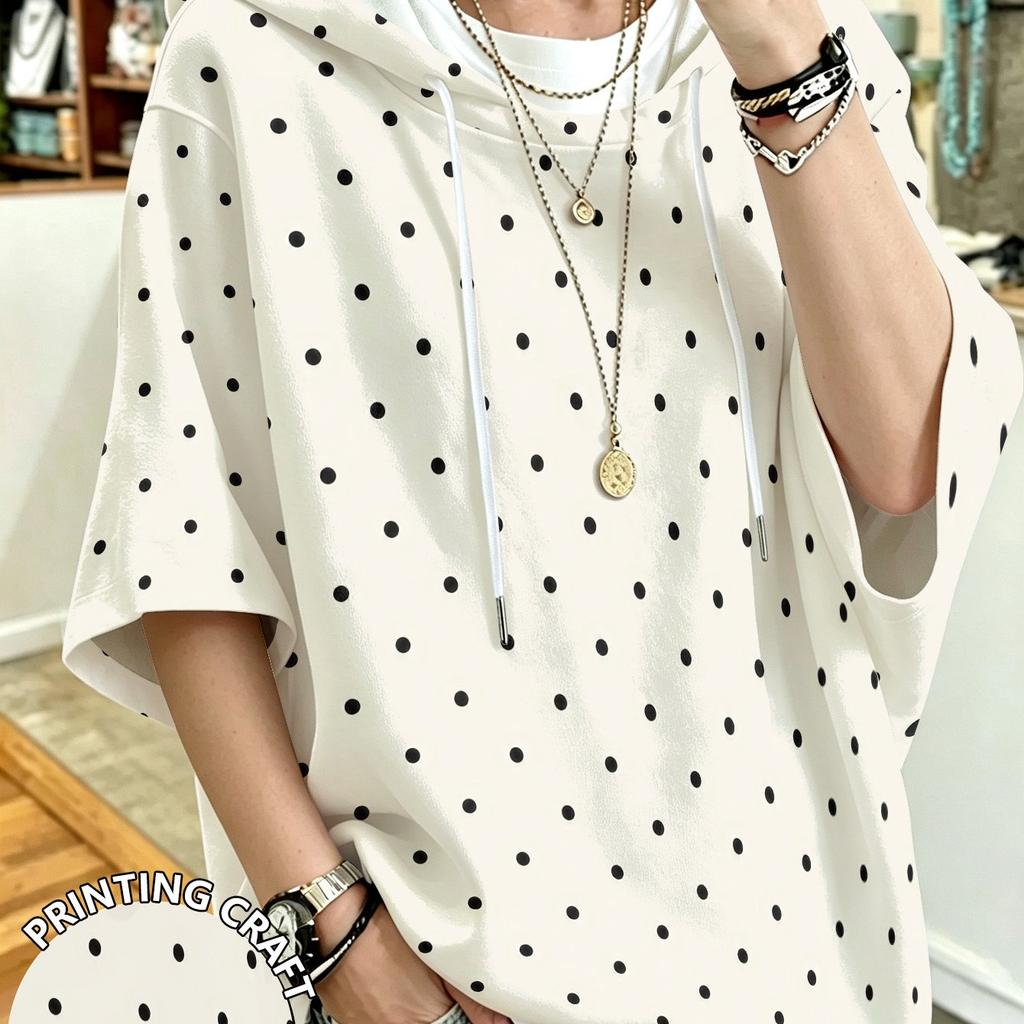 Polka dot print polka dot cute style loose slim hooded jacket oversize fit hoodie for women