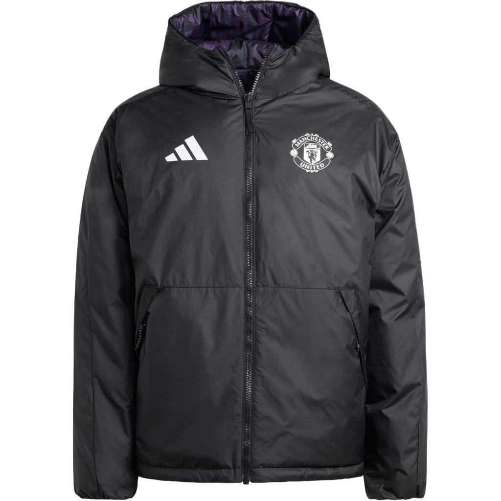 Adidas Jachetă de puf pentru bărbați Manchester United Casual Culture cu umplutură 600, reversibilă, cu glugă, mâneci lungi largi, îmbrăcăminte exterioară JN2890