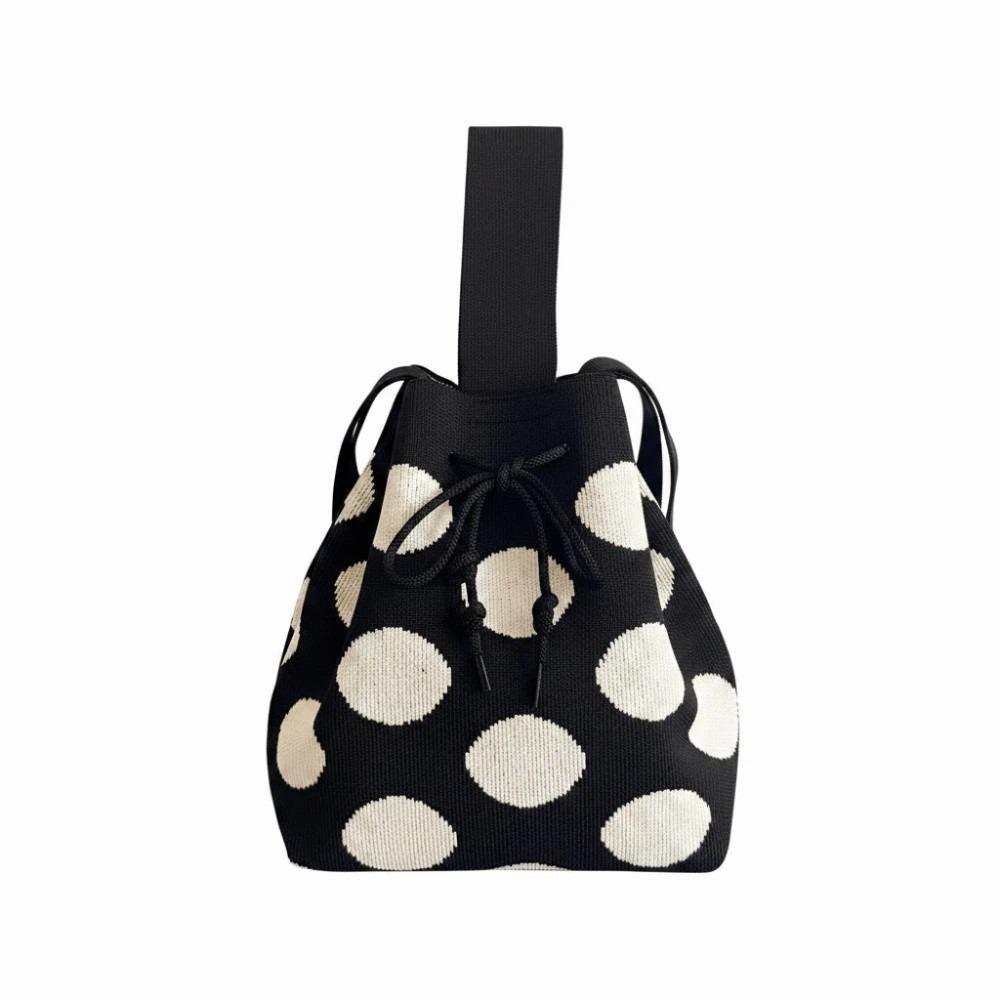 Soft Polka Dot Bucket Bag Patterned Drawstring Purse Crossbody Pouch Knit Tote  Mom чёрный