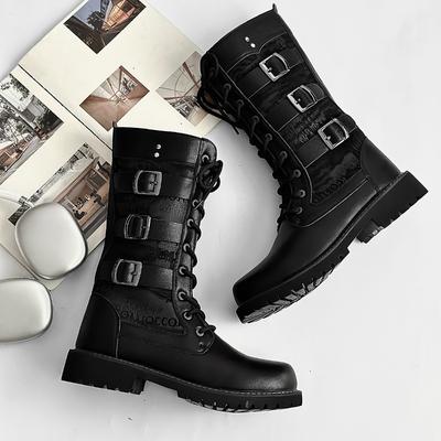 Bottes montantes pour hommes Bottes Street Rock Punk Bottes de moto pour hommes Bottes à plateforme à lacets Mi-mollet Décontractées en cuir Botas