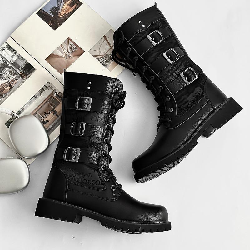 Herren High-Top Stiefel Mode Street Rock Punk Stiefel Motorradstiefel für Herren Schnürstiefel mit Plateau Mid-Calf Lässige Lederstiefel
