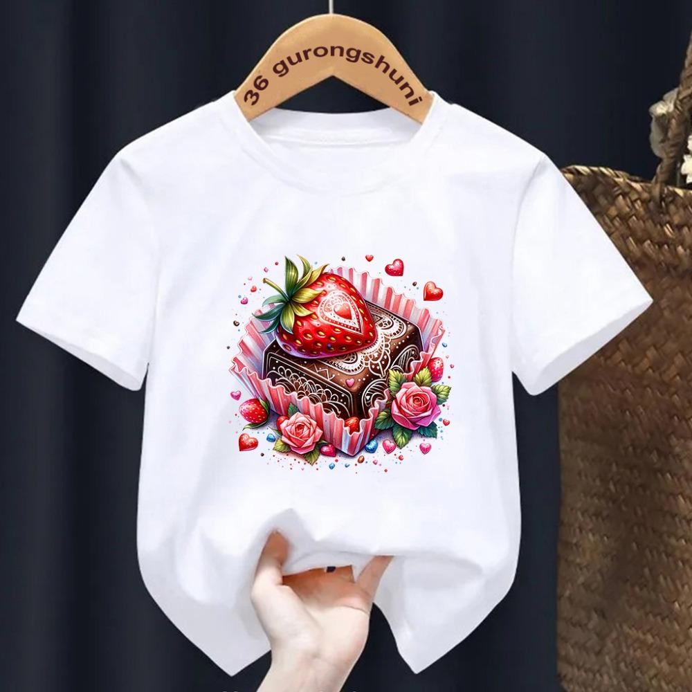 Erdbeerkuchen-Print T-Shirt Kinder Sommermode Kinder Cartoon T-Shirt Rundhals Kurzarm Mädchen T-Shirt Tops 1-14 Jahre