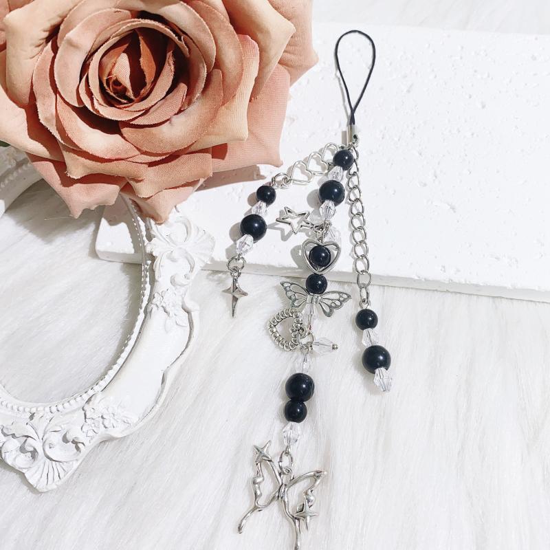Simple Phone Charm Strap Y2K Keychain Butterfly Heart Shape Pendant Beaded Keychain Jewelry Keyring Lanyard String