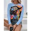 Round Neck 3D Witch Printed Top Casual Long Sleeved Women's T-shirts - Soft Medium Stretch Polyester Fabric Spring and Autumn Relaxed Fit Clothing