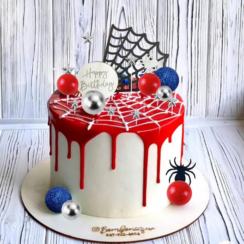 Spider Theme Cake Decor Glitter Spider Birthday Toppers Star Red Silver Blue Balls Cupcake Topper for Boys Men Baby Shower Party