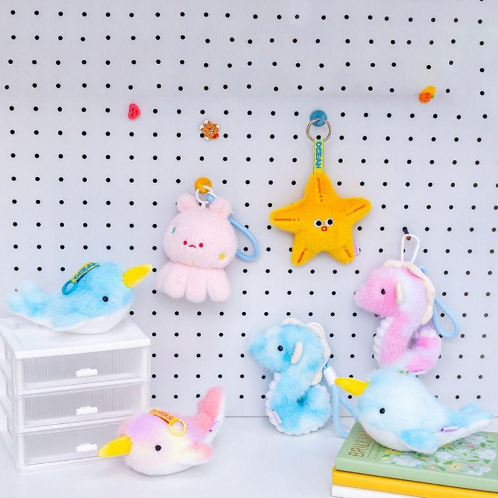 Starfish Ocean Animal Plush Keychain Soft Fluffy Whale Keyring Cute Seahorse Pendant  Birthday Gift