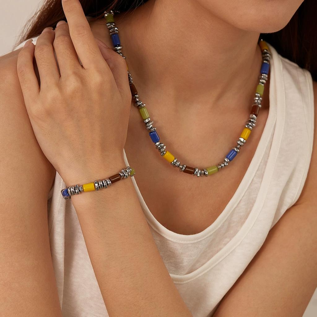 Jewelry Stainless Steel Bracelets Necklaces for Women Trendy Versatile Accessories with Hematite Resin Unique Style
