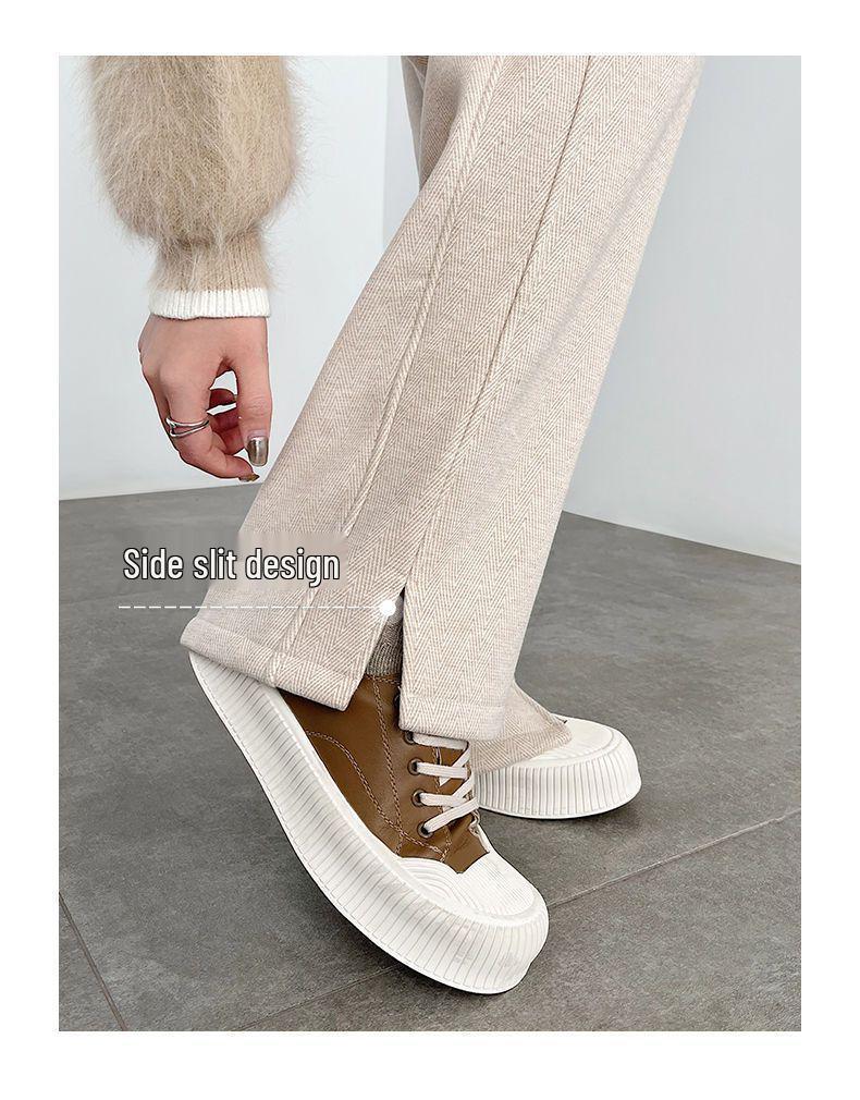 Pantalon pour femme 2024 à chevrons en laine polaire doublé fendu à jambe droite pour automne/hiver décontracté