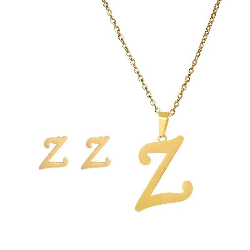 Stainless Steel Letter Necklace Bracelet Earring Zircon Set for Women Alphabet Pendant Necklace Party Gift