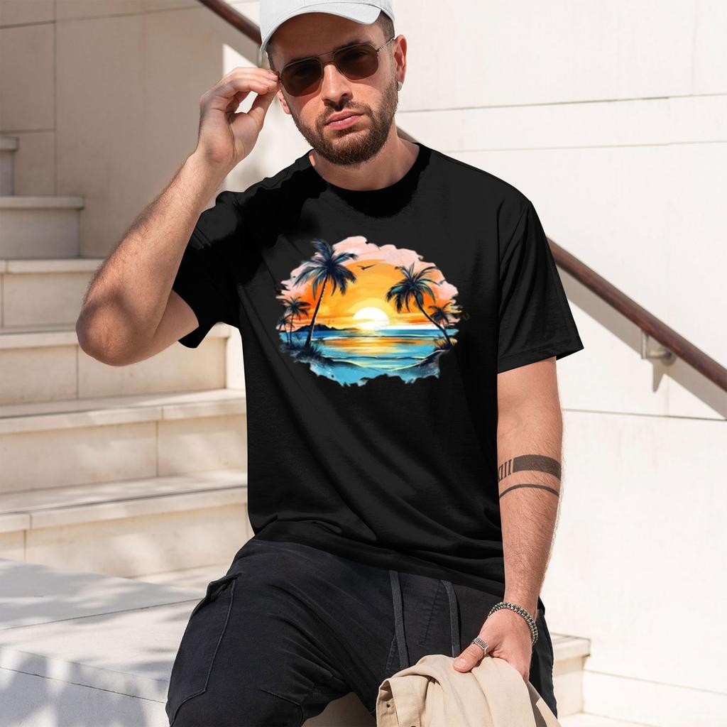 Watercolor Sunset Bea Tshirt Wounisex Palm Tree Grh Tees Casual Short Sve Tops Summer Vaion Shirts Tops 2026 New Model Unisexs Short