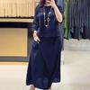 Women's Round Neck Solid Color Casual Cotton Linen 3/4 Sleeve Top and Pants Set