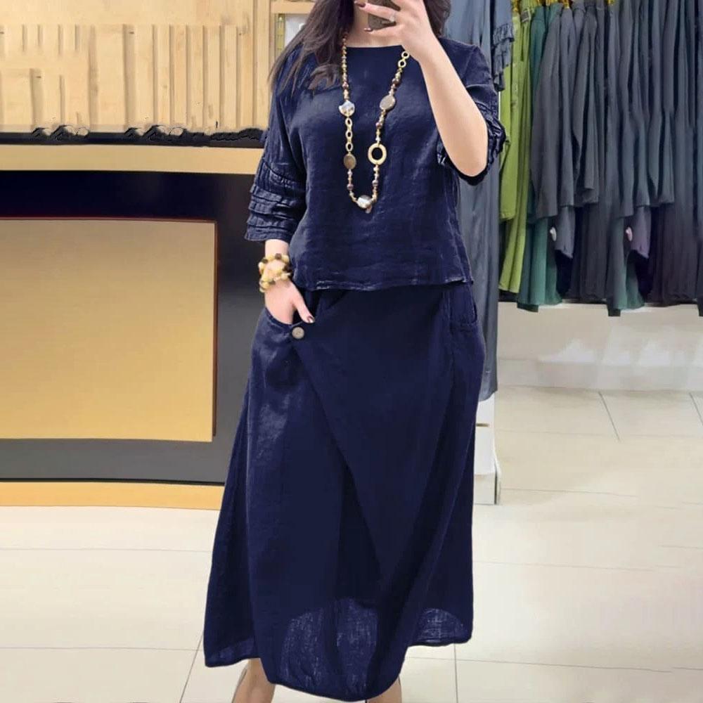 Women's Round Neck Solid Color Casual Cotton Linen 3/4 Sleeve Top and Pants Set