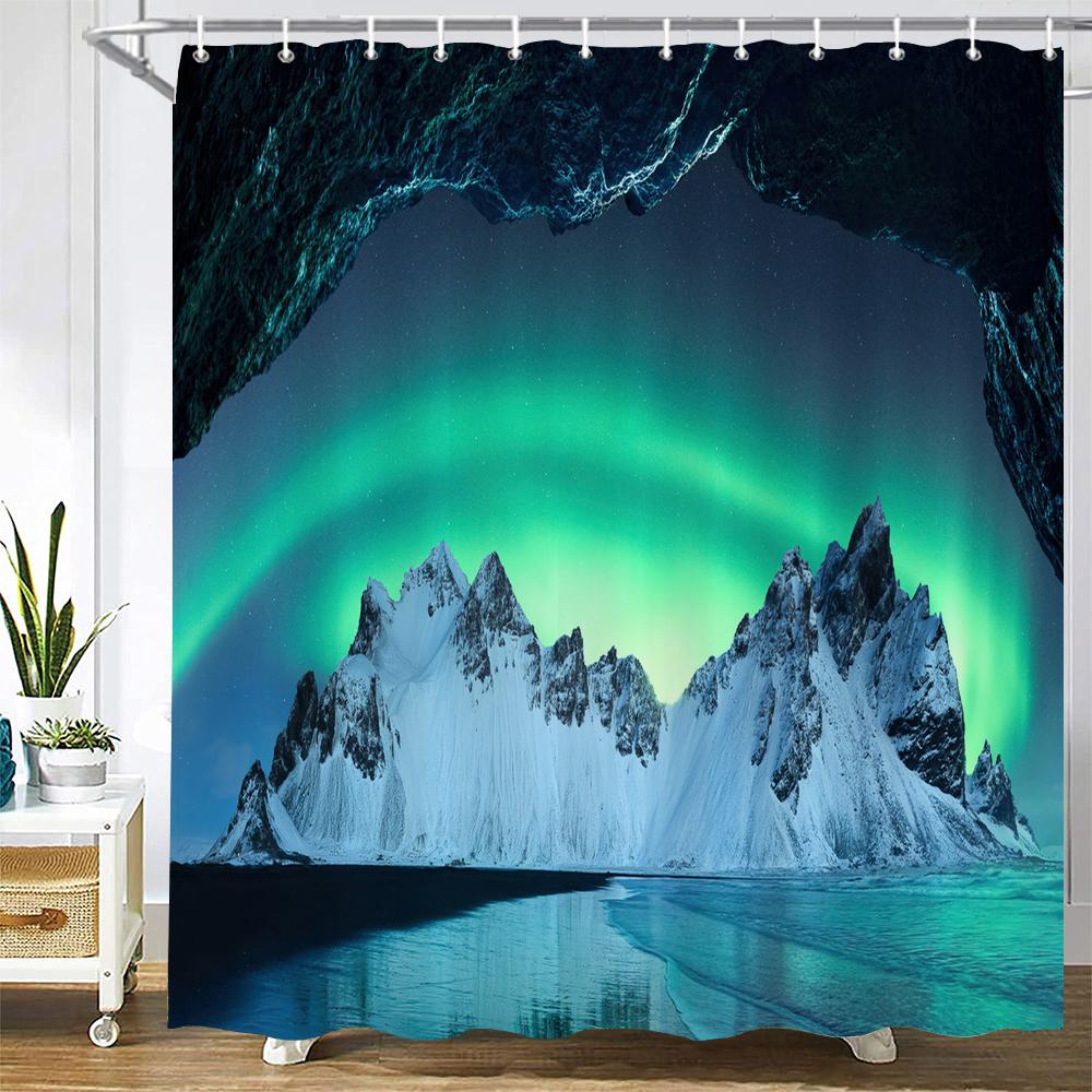 Night Starry Sky Aurora Landscape Fabric Shower Curtain Waterproof Polyester Bathroom Curtains Home Decorate Curtains with Hooks