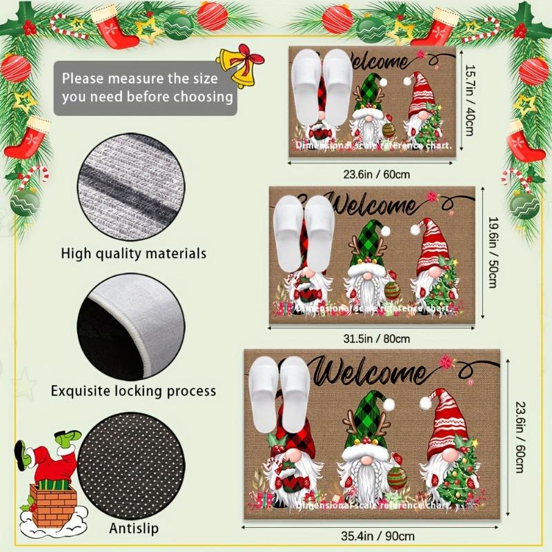 1pc Festive Christmas Gnome Welcome Doormat,Holiday Floor Mat Featuring Three Gnomes with Seasonal Charms,for Winter Home Decor