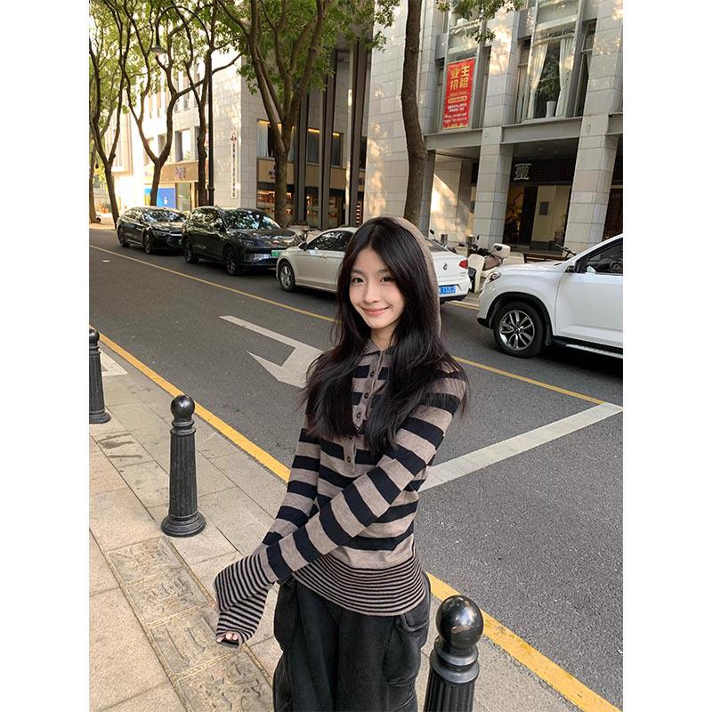 Retro Striped Hooded Long-Sleeve Slimming Women s Base Layer Shirt Large